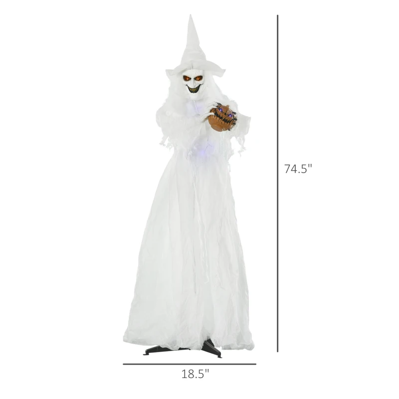 Outsunny 74" Life Size Outdoor Halloween Decorations White Witch Holding Pumpkin Head, Standing Skeleton Ghost Animated Prop Décor with Light Up Eyes and Body