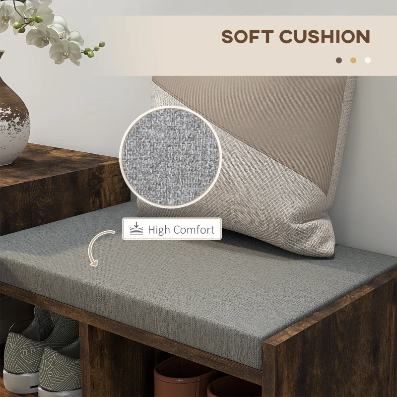 HOMCOM Upholstered Shoe Storage Bench, Hallway Shoe Storage with Seat, Drawer, 3 Open Shelves for Entryway, Rustic Brown