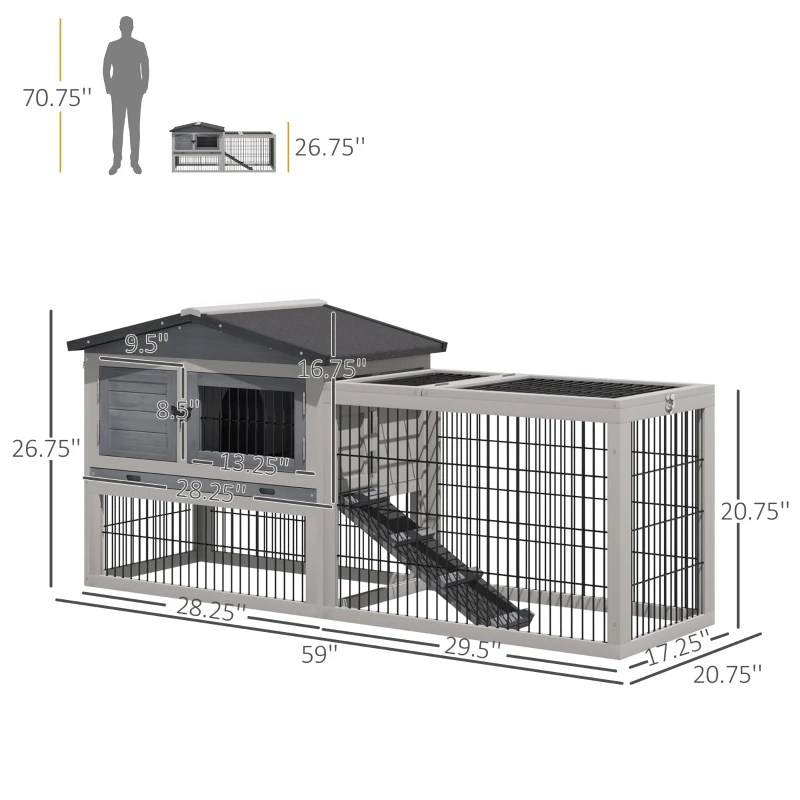 PawHut Solid Wood Rabbit Hutch Bunny Cage Pet Guinea Pig House Outdoor Small Animal Habitat w/ Ramp, Weather-Resistant Asphalt Openable Roof,Pull-out Tray, Light Grey