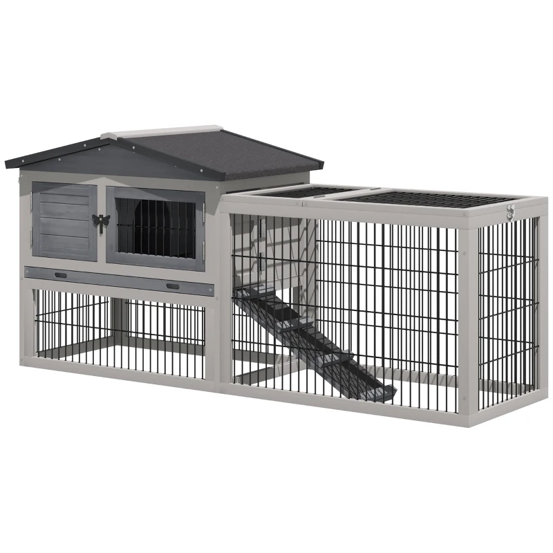 PawHut Solid Wood Rabbit Hutch Bunny Cage Pet Guinea Pig House Outdoor Small Animal Habitat w/ Ramp, Weather-Resistant Asphalt Openable Roof,Pull-out Tray, Light Grey