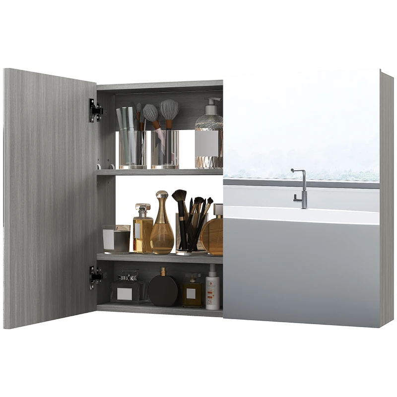 HOMCOM Bathroom Mirror Cabinet, Wall-Mounted Storage Organizer with Double Doors, Adjustable Shelf, Grey
