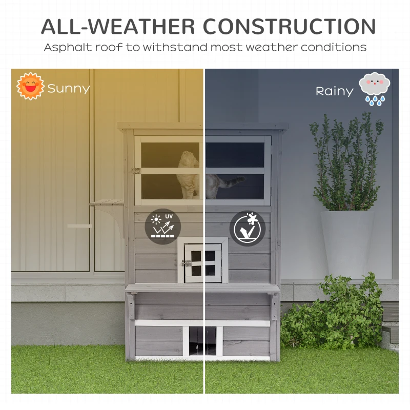 PawHut Outdoor Cat House, 3-Tier Kitty Shelter with 5 Escape Doors, Weather Resistant, Gray & White
