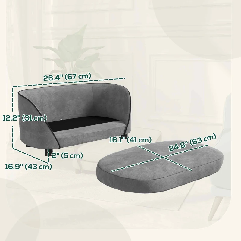 PawHut Pet Sofa Dog Couch for Small to Medium Sized Dogs with Soft Cushion, Removable Washable Cover, Velvet Touch, Grey