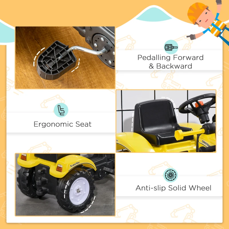 Aosom Ride on Tractor for Kids, Pedal Construction Car with Front Loader Digger for 3 Year Old, Yellow