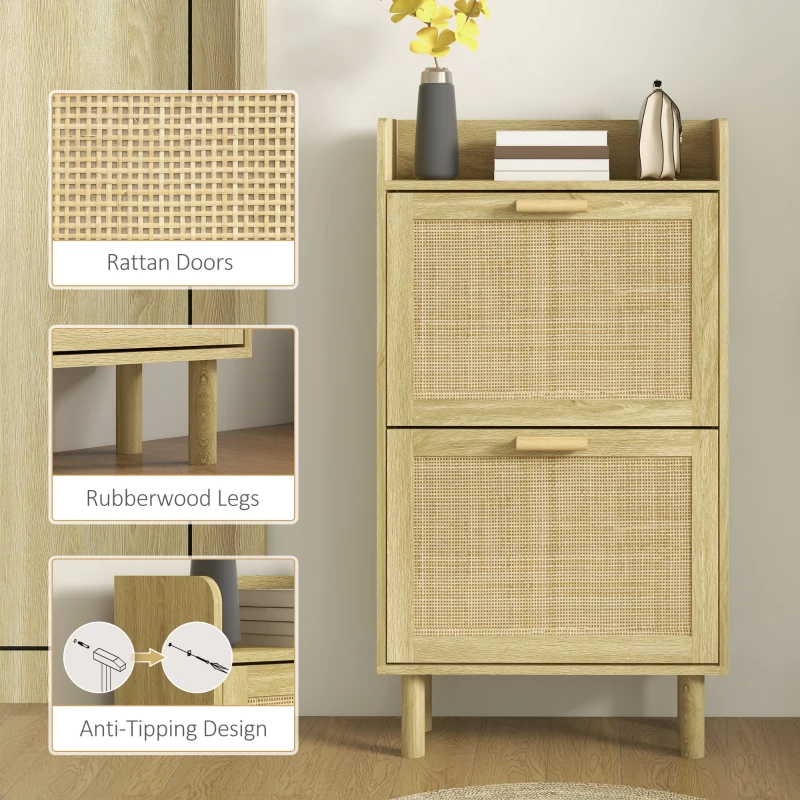 HOMCOM Slim Shoe Storage with 2 Flip Drawers and Adjustable Shelves, Rattan Shoe Cabinet Organizer for 12 Pair, Oak