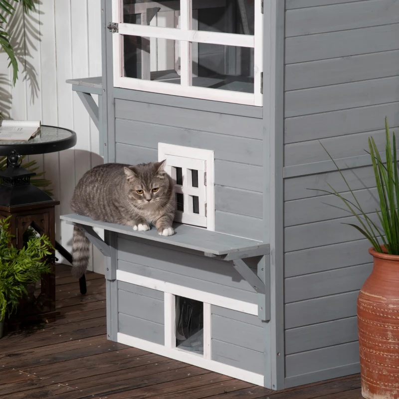 PawHut Outdoor Cat House, 3-Tier Kitty Shelter with 5 Escape Doors, Weather Resistant, Gray & White
