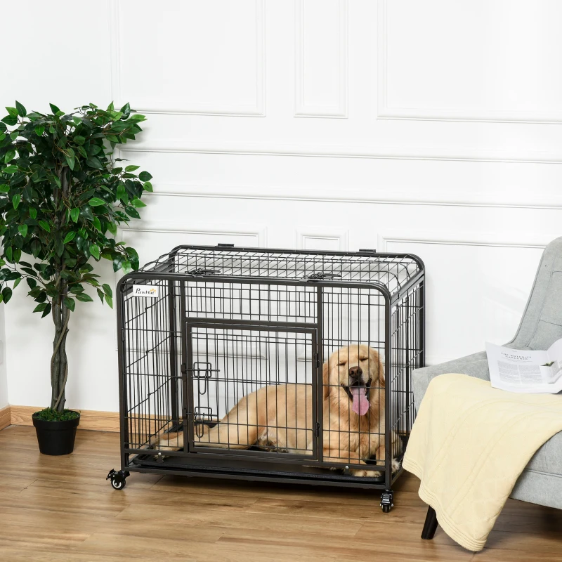 PawHut Folding Design Metal Dog Crate & Heavy Duty Kennel with Removable Tray 4 Locking Wheels 37" x 22.75" x 27.25"