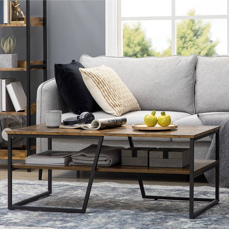 HOMCOM Industrial Coffee Table, 2-tier Center Table with Storage Shelf, Wood Look Accent Furniture with Metal Frame for Living Room, 41.7" x 21.7" x 17.7", Rustic Brown