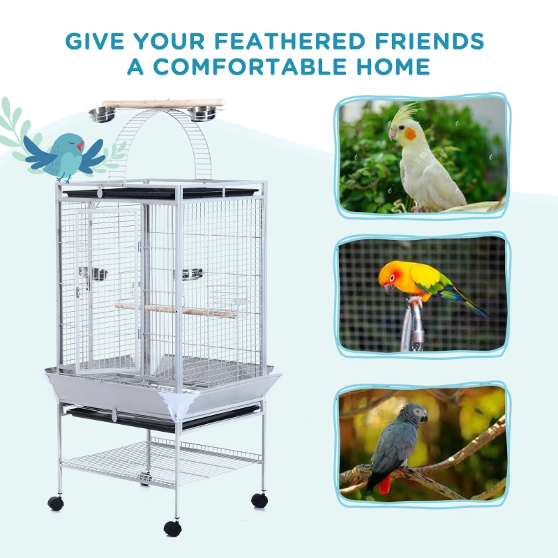 PawHut 63" Large Bird Parrot Cage Stand Finch Feeder Play Top House Perch Bowl Wheels, Silver