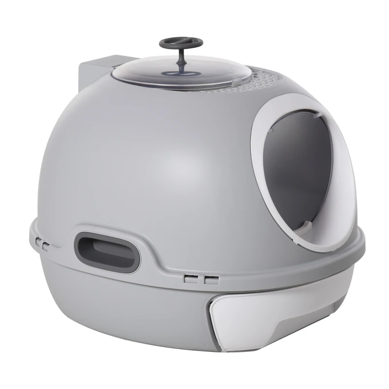 PawHut Cat Litter Box Toilet with Lid, Covered Litter Box with Scoop, Enclosed Drawer and Skylight, Grey