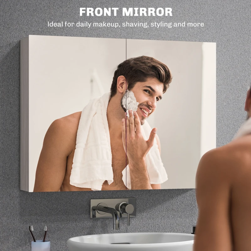 HOMCOM Bathroom Mirror Cabinet, Wall-Mounted Storage Organizer with Double Doors, Adjustable Shelf, Grey