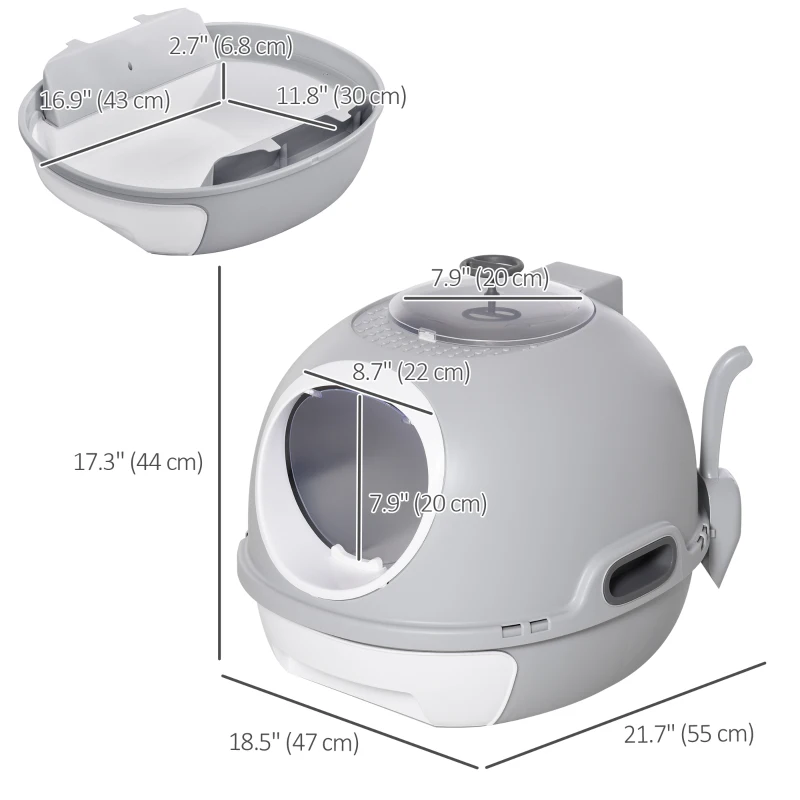 PawHut Cat Litter Box Toilet with Lid, Covered Litter Box with Scoop, Enclosed Drawer and Skylight, Grey