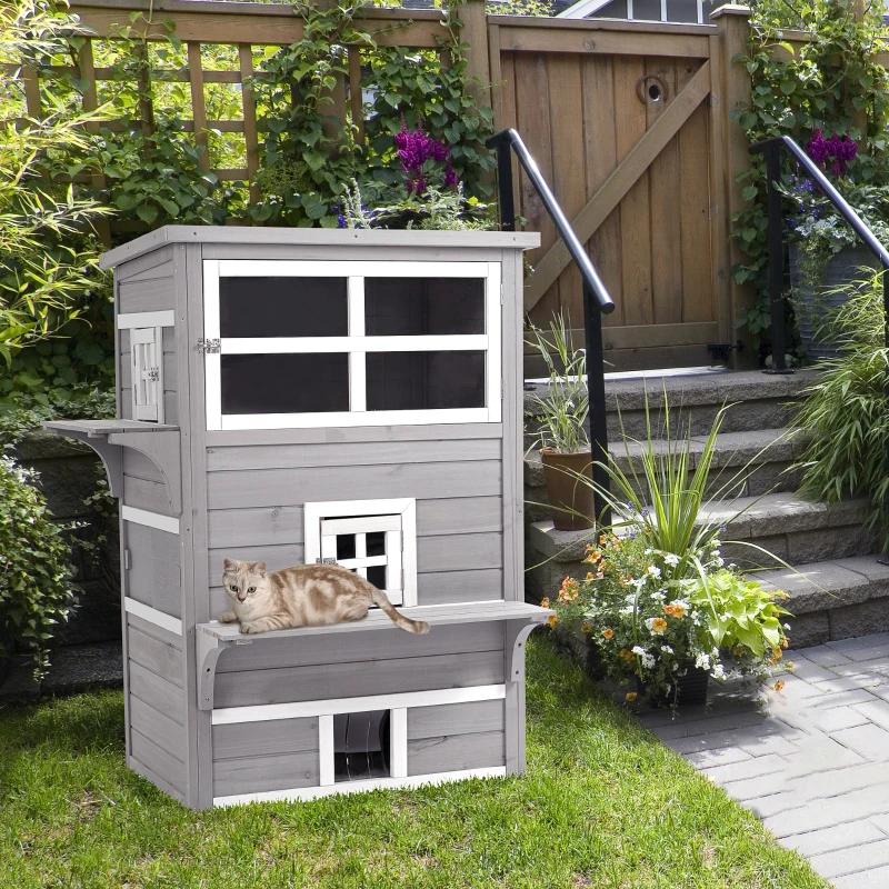PawHut Feral Cat Outdoor House, 3-Tier Weather Resistant Condo with Escape Door, for Stray Cats