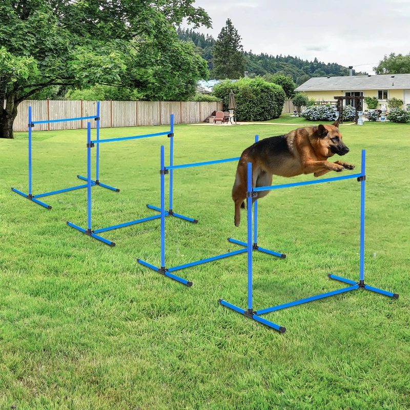 PawHut 4 Piece Dog Agility Starter Kit with Adjustable Height Jump Bars, Included Carry Bag & Displacing Top Bar - Blue