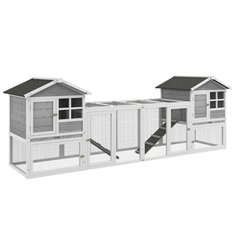 PawHut 102" 2 in 1 Wooden Rabbit Hutch Double Main House Pet Playpen Large Bunny House Enclosure for Indoor Outdoor with Run Box, Slide-out Tray, Ramp, for Rabbits and Small Animals, Grey