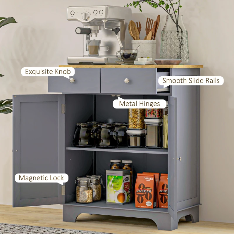 HOMCOM Kitchen Storage Cabinet with Adjustable Shelf, 2 Drawers and 2 Doors, Sideboard Buffet Cabinet, Grey