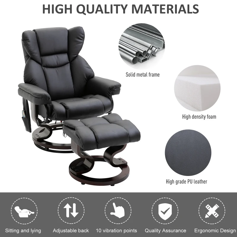 HOMCOM Massage Recliner Chair Heated Swiveling Armchair with Footrest, with Wrapped Wood Base, 10 Vibration Levels, Faux Leather, Black