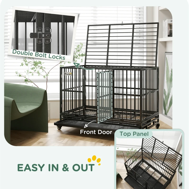 PawHut 48" Heavy Duty Dog Crate Metal Cage Kennel with Lockable Wheels, Double Door and Removable Tray, gray