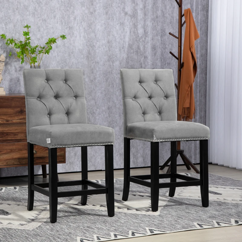 HOMCOM Fabric Bar Stool Set of 2, Tall 25.6" Seat Height Bar Chairs with Tufted Back & Wood Legs, Light Grey