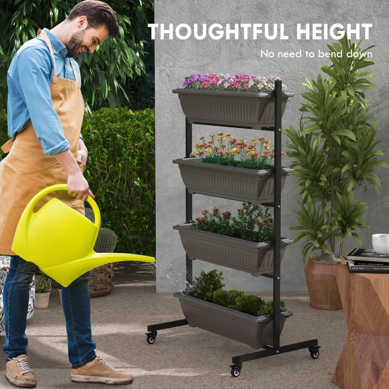 Outsunny 4-Tier Vertical Raised Garden Planter with 4 Boxes, Wheels, Outdoor Plant Stand for Vegetable Flowers, Brown