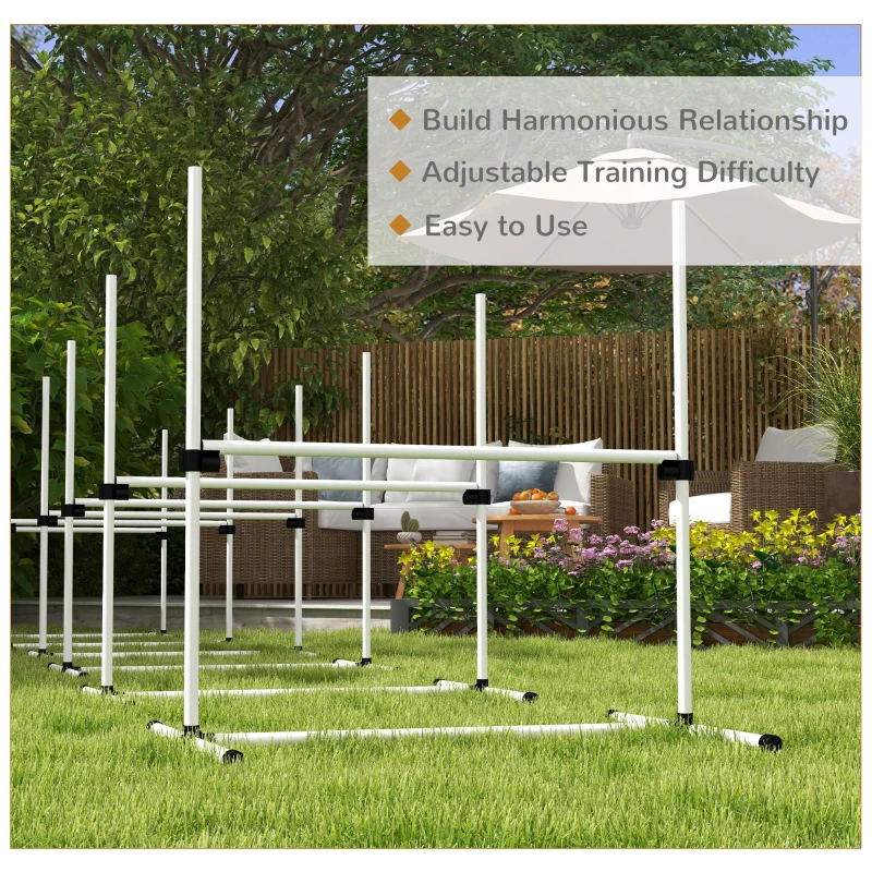 PawHut 8 Piece Dog Agility Set with Adjustable Height Jump Bars, Carry Bag, Displacing Top Bar, White
