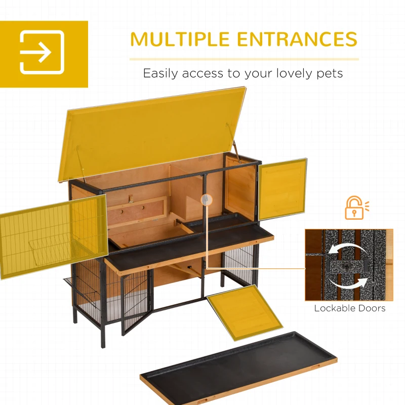 PawHut 48" 2-Story Large Rabbit Hutch Bunny Cage Wooden Pet House Metal Frame with Rooms, Ramp, No Leak Tray, Feeding Trough, Waterproof Asphalt Roof for Rabbits, Chickens, Ducks, Outdoor/Indoor