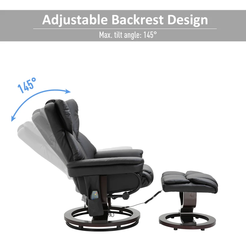 HOMCOM Massage Recliner Chair Heated Swiveling Armchair with Footrest, with Wrapped Wood Base, 10 Vibration Levels, Faux Leather, Black