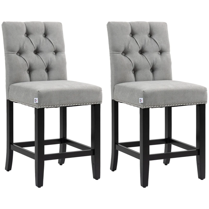 HOMCOM Fabric Bar Stool Set of 2, Tall 25.6" Seat Height Bar Chairs with Tufted Back & Wood Legs, Light Grey