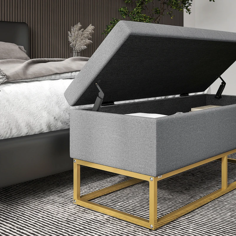 HOMCOM Flip Top Storage Ottoman, Upholstered Storage Bench, Linen Fabric Footstool for Living Room, Bedroom, Grey