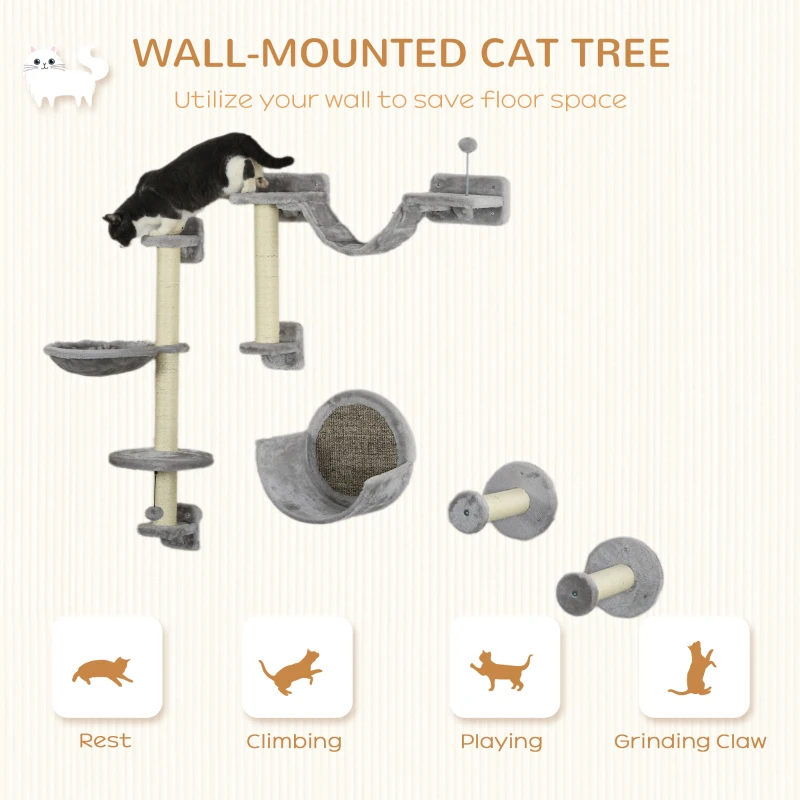 PawHut 5PCs Cat Wall Shelves with Hammock, Scratching Posts, Perches, Ladder, for Indoor Cats, Light Grey