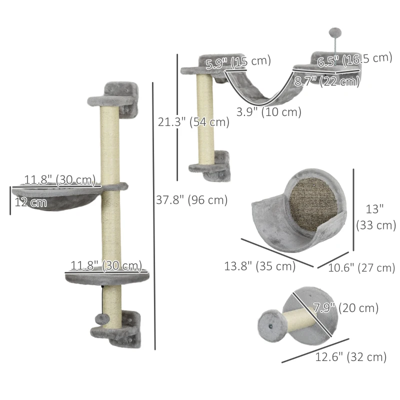 PawHut 5PCs Cat Wall Shelves with Hammock, Scratching Posts, Perches, Ladder, for Indoor Cats, Light Grey