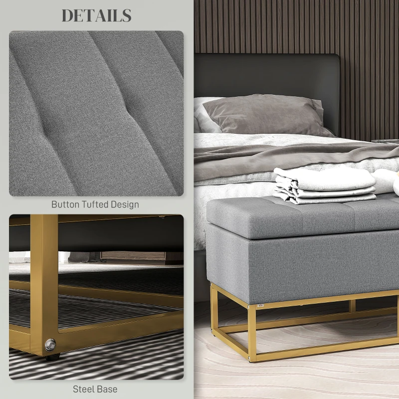 HOMCOM Flip Top Storage Ottoman, Upholstered Storage Bench, Linen Fabric Footstool for Living Room, Bedroom, Grey