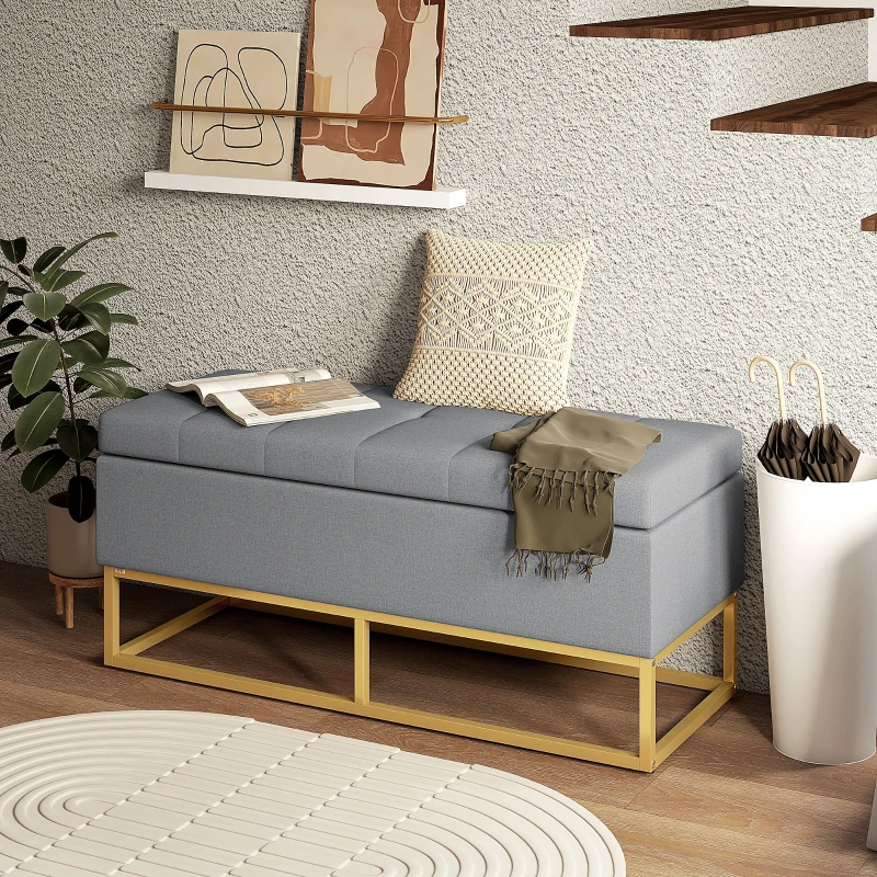 HOMCOM Flip Top Storage Ottoman, Upholstered Storage Bench, Linen Fabric Footstool for Living Room, Bedroom, Grey