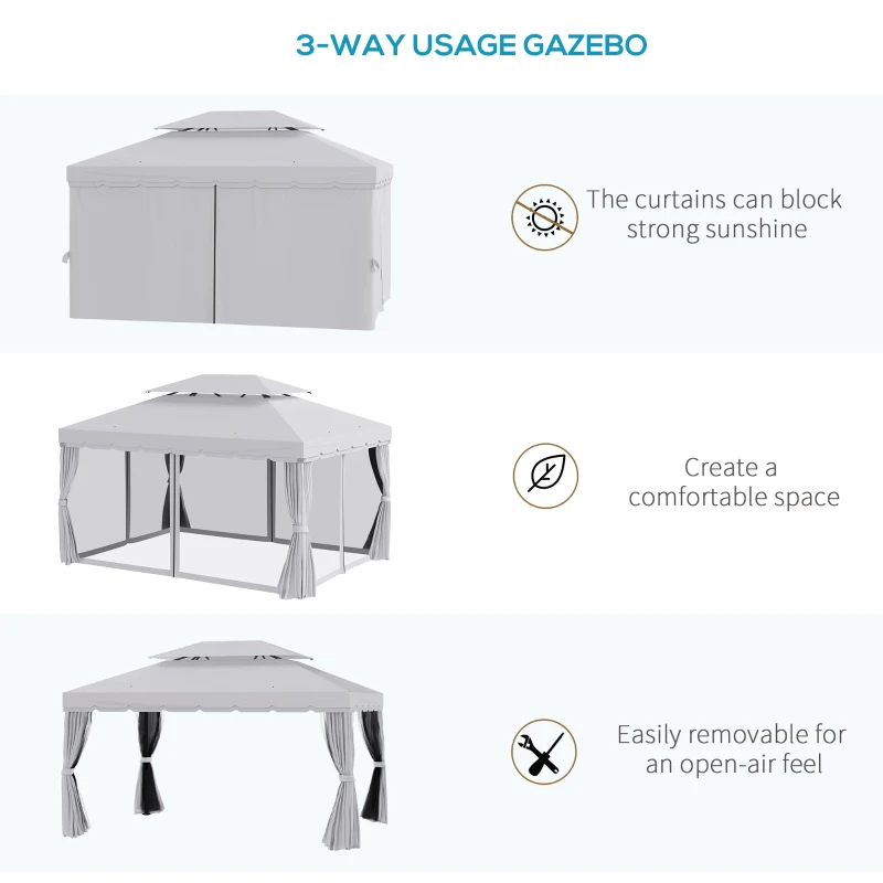 Outsunny 10' x 13' Patio Gazebo, Aluminum Frame Double Roof Outdoor Gazebo Canopy Shelter with Netting & Curtains, Light Gray