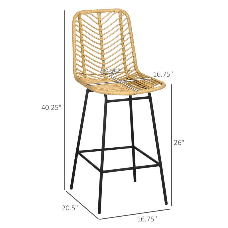 HOMCOM Set of 4 Rattan Barstools Wicker Counter Stools with Steel Legs and Footrest for Dining Room Kitchen Pub Yellow