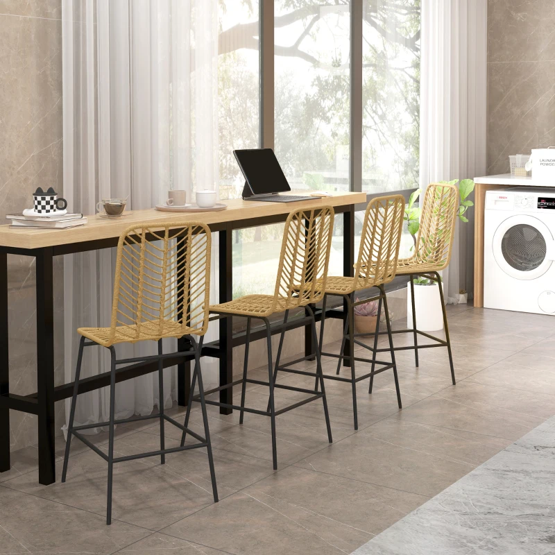 HOMCOM Set of 4 Rattan Barstools Wicker Counter Stools with Steel Legs and Footrest for Dining Room Kitchen Pub Yellow