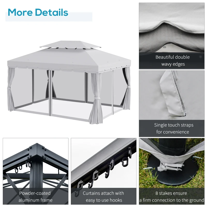 Outsunny 10' x 13' Patio Gazebo, Aluminum Frame Double Roof Outdoor Gazebo Canopy Shelter with Netting & Curtains, Light Gray