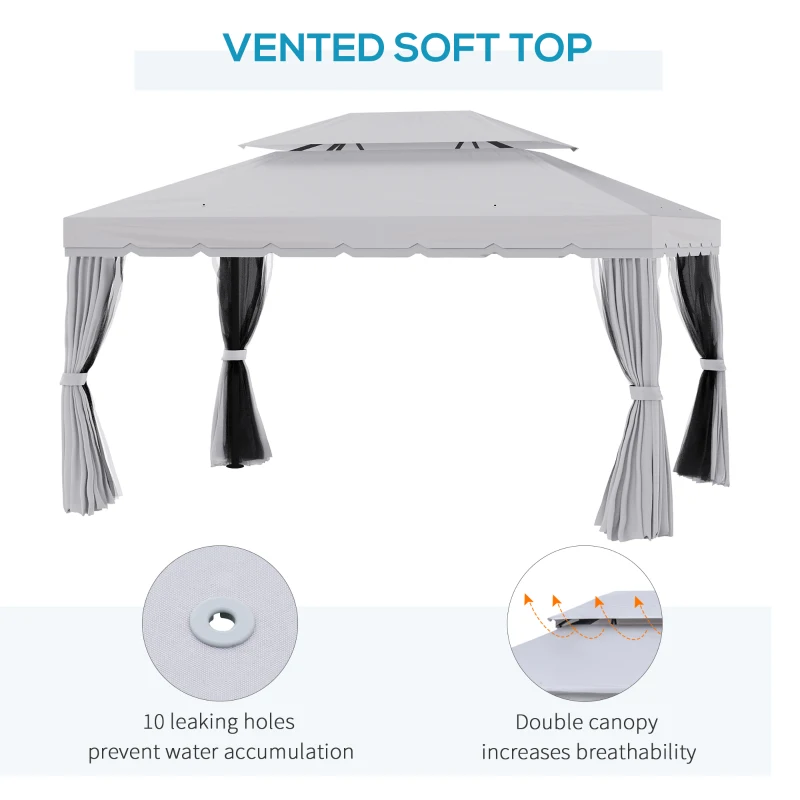 Outsunny 10' x 13' Patio Gazebo, Aluminum Frame Double Roof Outdoor Gazebo Canopy Shelter with Netting & Curtains, Light Gray