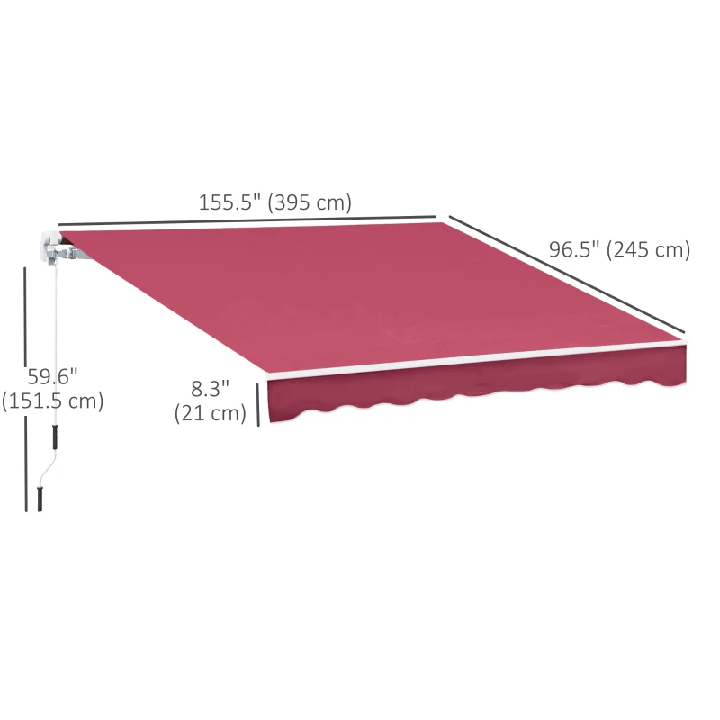 Outsunny 13'x8' Manual Retractable Patio Awning Water-resistant Sun Shade Outdoor Deck Window Door Canopy Shelter Aluminum Frame (Wine Red)