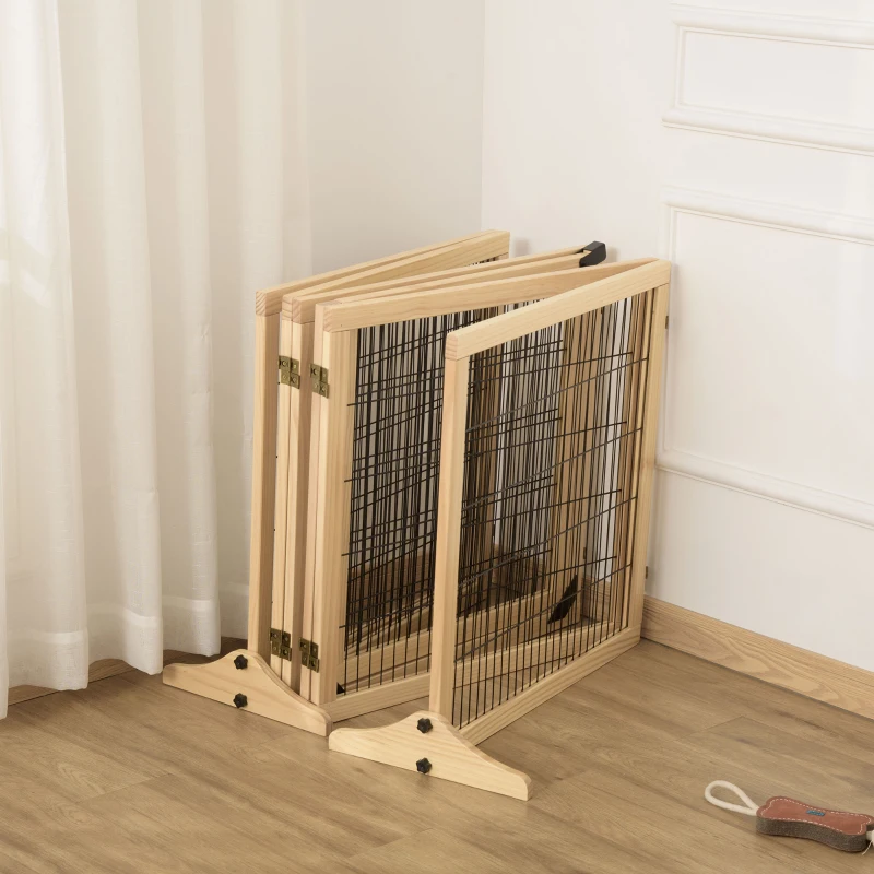 PawHut Wooden Pet Gate, 6-Panel Folding Dog Safety Barrier with Support Feet for Small & Medium Dogs, Natural Wood