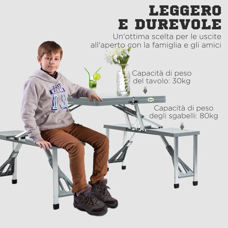 Outsunny 4-Kids Folding Picnic Table Chair Set W/ Umbrella Hole Junior Outdoor Seating Portable Bench Grey