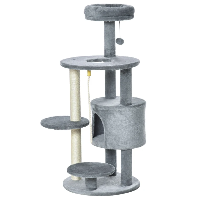 PawHut 41" Cat Tree Tower Activity Center with Condo, Scratching Posts and Hanging Toys, Dark Grey