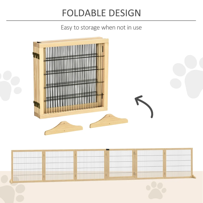 PawHut Wooden Pet Gate, 6-Panel Folding Dog Safety Barrier with Support Feet for Small & Medium Dogs, Natural Wood