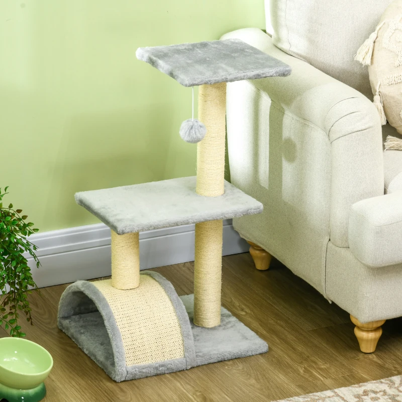 PawHut 28" Cat Tree with Scratching Post, Pad, Toy Ball for Indoor Cats, Light Grey