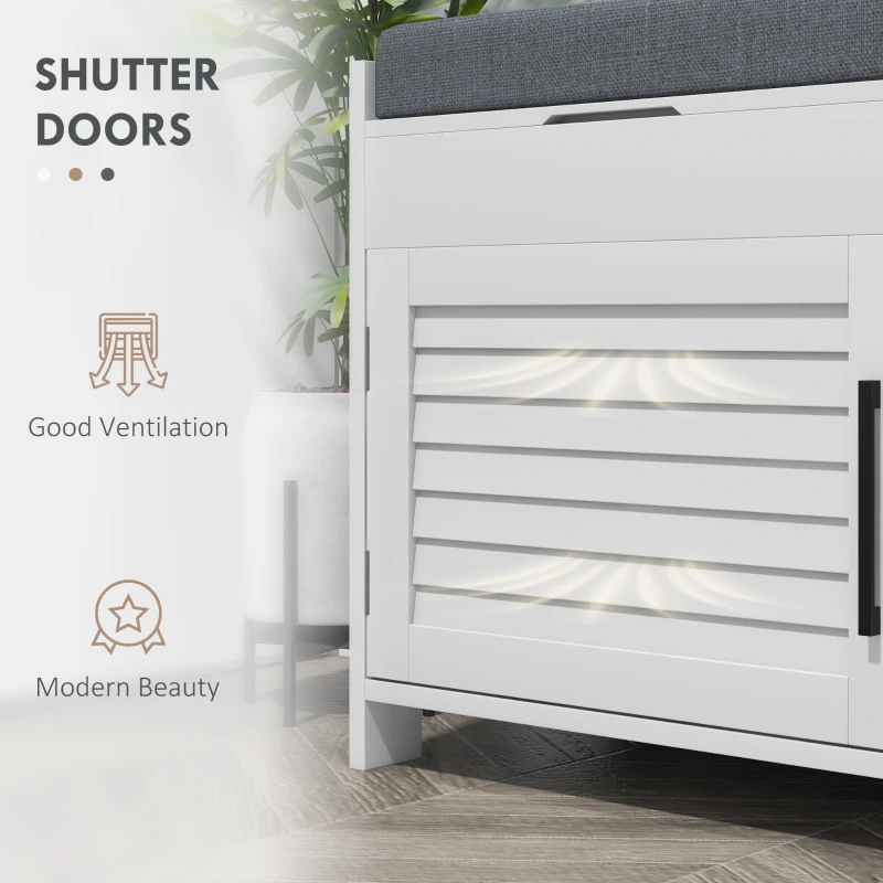 HOMCOM Shoe Storage Bench, Modern Entryway Bench with Cushion, Hidden Compartments, Adjustable Shelves, Shutter Doors, White