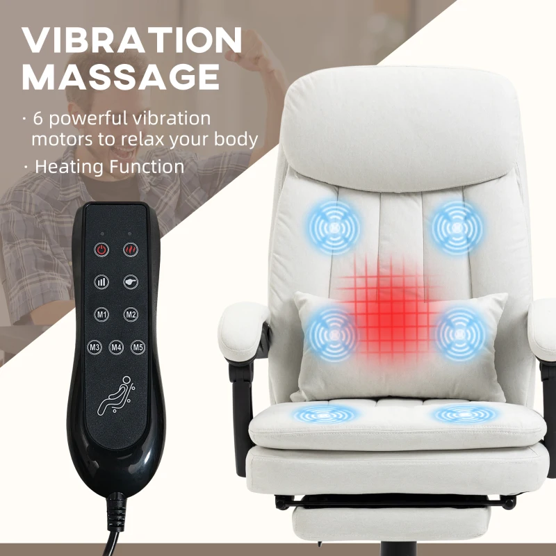 Vinsetto Executive Office Chair with Vibration Massage, Microfibre Swivel Desk Chair, Heated Reclining Computer Chair with Lumbar Support Pillow, Footrest, Cream White
