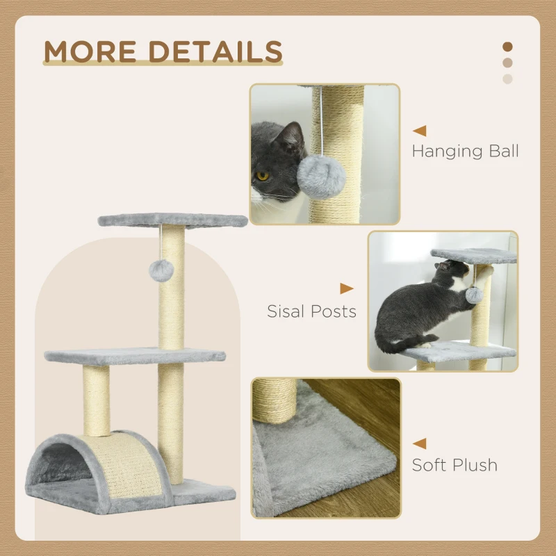 PawHut 28" Cat Tree with Scratching Post, Pad, Toy Ball for Indoor Cats, Light Grey