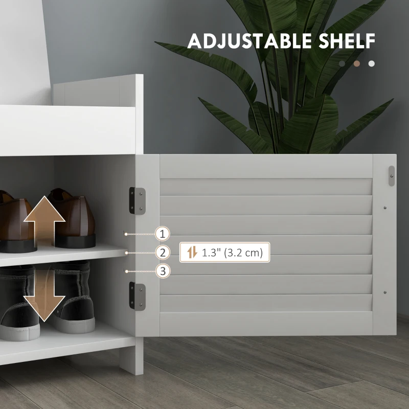 HOMCOM Shoe Storage Bench, Modern Entryway Bench with Cushion, Hidden Compartments, Adjustable Shelves, Shutter Doors, White