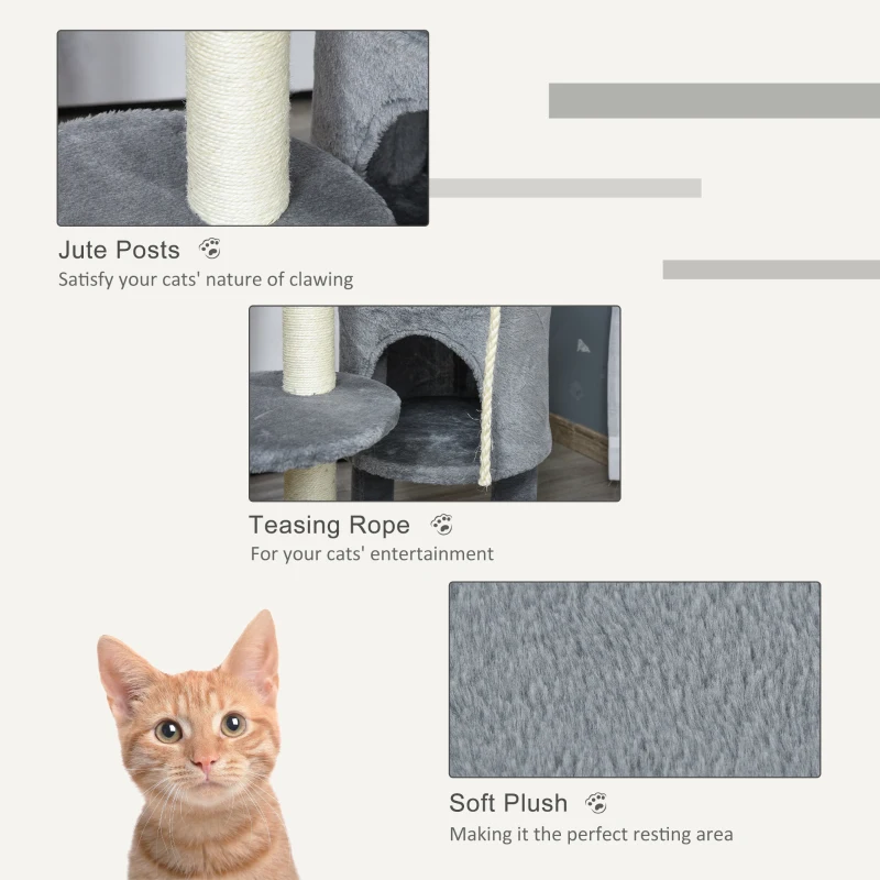 PawHut 41" Cat Tree Tower Activity Center with Condo, Scratching Posts and Hanging Toys, Dark Grey