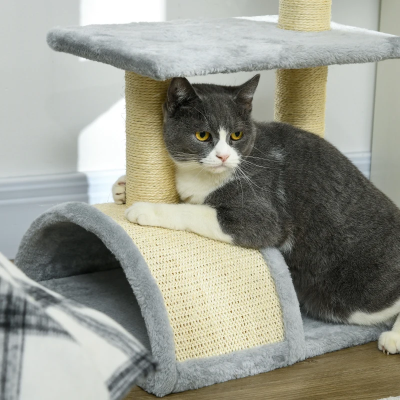 PawHut 28" Cat Tree with Scratching Post, Pad, Toy Ball for Indoor Cats, Light Grey